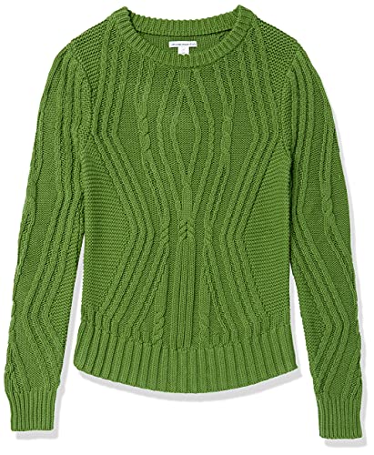 Amazon Essentials Damen Pullover mit Rundhalsausschnitt und Zopfmuster aus 100 % Baumwolle, Grün, M