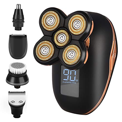 Electric Shaver for Men, 5 in 1 Electric Shaver for Bald Men, LED Display Rechargeable Electric Rotary Shaver, Cordless Facial Grooming Kit with Clippers, Nose Hair Trimmer, Facial Cleaning Brush