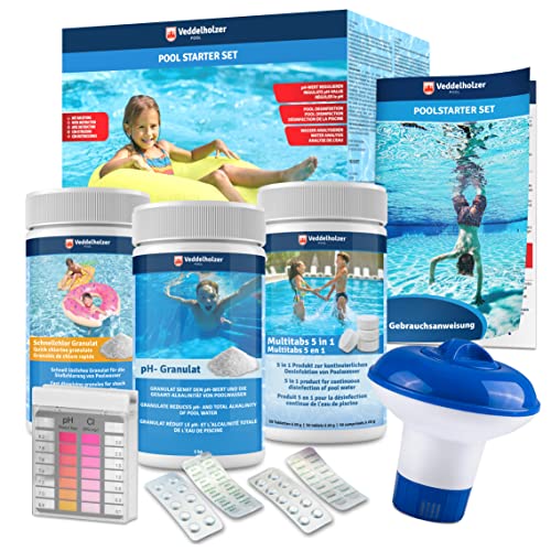 Veddelholzer 5 in 1 Pool Reinigungsset-Poolreiniger, Tester pH, pH Minus Granulat, Chlortabletten für Pool 20g, Chlorgranulat, Skimmer zur Poolpflege mit Anleitung Perfekte Pool & Whirpool Reinigung