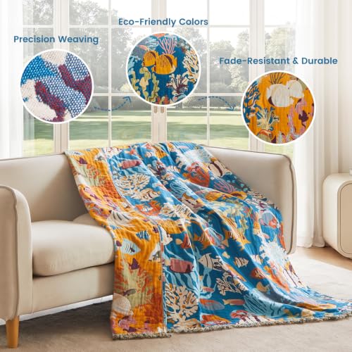 Image of MSGKV Boho Throw Blanket 50 inchx60 inch 100% Cotton Ocean Blanket for Couch