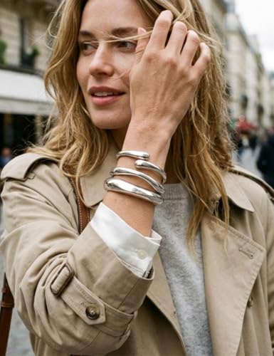 Image of Chunky Gold Bangle Bracelets for Women, Dainty 14k Gold Plated Big Stackable Bangles Set, Trendy Statement Cuff Bracelet Stack Fashion Jewelry Gifts