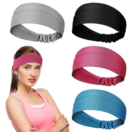 Coume 4 Pcs Cooling Headbands for Women Men Sweat Absorbing Headbands Stretchy Sports Hair Bands for Running, Yoga, Golf, Camping, Biking, Tennis(Sky Blue, Black, Gray, Rose Red)