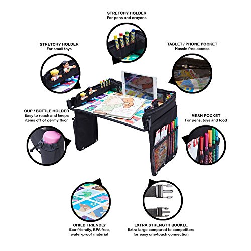 Kids Travel Tray Bag/Children Play Tray/Stroller Tray Organizer with Tablet Holder - Waterproof, Sturdy Surface, Buckles & Mesh Pockets - for Snacks, Drawing, Car, Bus, Plane Journey (Black) - Thumbnail 3