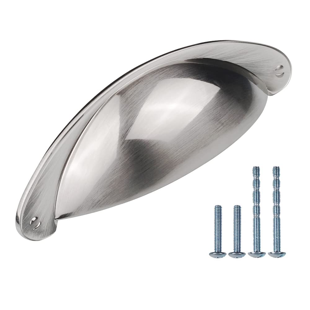 Cosnys 10 Pack 3 Inch (76 mm) Cabinet Cup Pulls, Brushed Nickel Bin Pulls for Kitchen Cabinets and Furniture, Satin Nickel Cup Handles