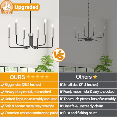 6-Light Farmhouse Chandelier for Dining Room Lighting Fixtures Hanging, Black and Silver Dining Light Fixtures Industrial Chandelier for Bedroom, Foyer, Hall, Kitchen, Living Room and Entryway