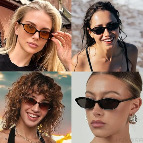 Image of Retro Cat Eye Oval UV Protection Chic Sunglasses for Women Stylish - Anti Glare UV400 Protected Designer Branded Goggles - Metal Hinges Unisex Glasses - Trendy Narrow Y2K Cateye Shades