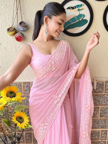 Image of AKHILAM Women's Multicolor Georgette Embellished Saree with Unstitched Blouse Piece(KESARI9501 KR Parent)