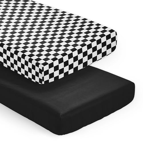 Image of Sweet Jojo Designs 2-Piece Baby Crib Sheets Set (Black /White Gingham Checkered Plaid) for Boys /Girls, Infant Nursery, Toddler Room - Fitted, Standard Size (Solid Onyx & Vintage, Classic, Checkerboard)