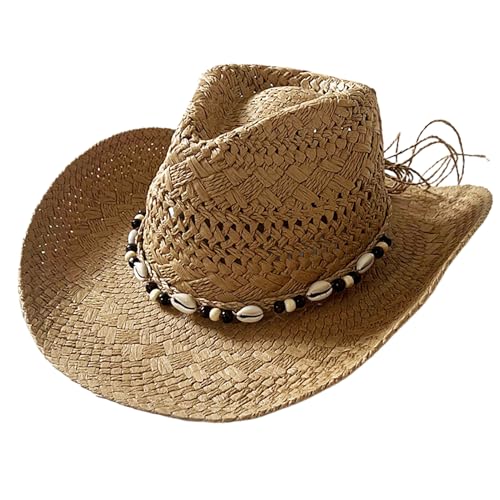 Hperu Sombrero de paja para hombre, sombrero de vaquero occidental de verano con ala ancha, protección solar, transpirable, caqui, talla única, 58 cm