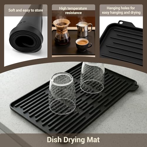Image of Silicone Coffee Mat for Countertop, 24x16 inch Heat Resistant Espresso Machine Mat, Non-Slip Coffee Bar Mat with Detachable Drying Area and Raised Edge, Waterproof Station Pad - Black