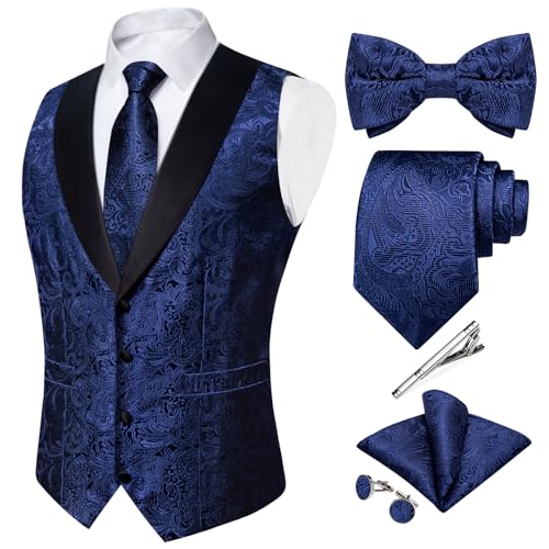 DiBanGu Silk Suit Vest for Men Shawl Collar Vest with Tie Set Bowtie Tie Clip Pocket Square Cufflinks Waistcoat