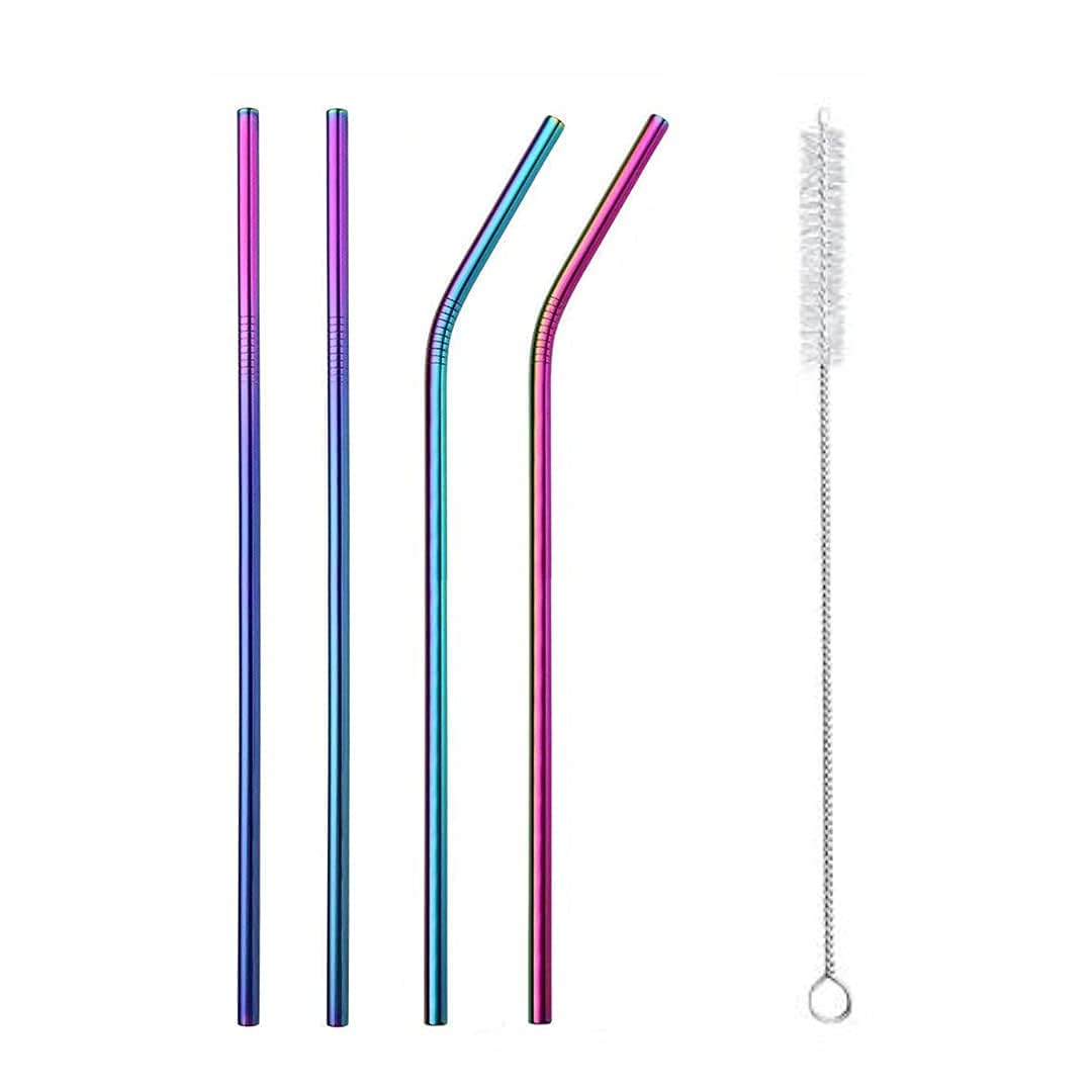 Reusable Stainless Steel Drinking Straws, Rainbow Colour Straw Set of Bent & Straight, Including Straw Brush Cleaner (Pack of 5)-image-48