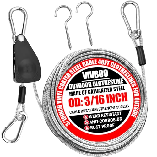 VIVBOO 40ft Clothes Line Outdoors 3/16' Wire Ropes Silver PVC Coating Laundry Drying Clothesline...