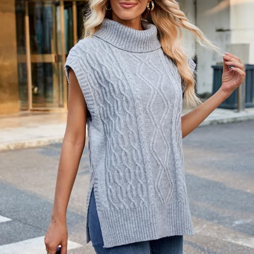 Image of Blostirno Women's Turtleneck Sweater Vest Sleeveless Ribbed Solid Knitted Pullover Sweaters Tops