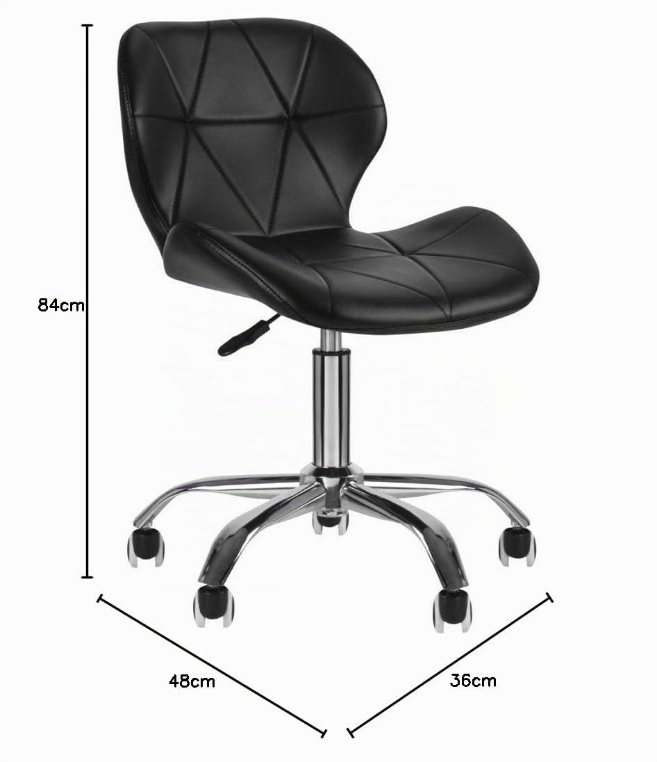 Sedia Comfort Ecopelle, Senza Braccioli, a Rotelle Girevole con Ruote in Gomma, Imbottita, Moderna, da Camera da Letto, Studio o Centro Estetico, Acciaio, Altezza Regolabile, Nera.