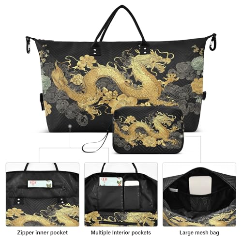 Gold Japanese Dragon Blossom Large Travel Duffle Bag Weekender Overnight Bags Gym Yoga Bag for Women Men with Toiletry Bag2