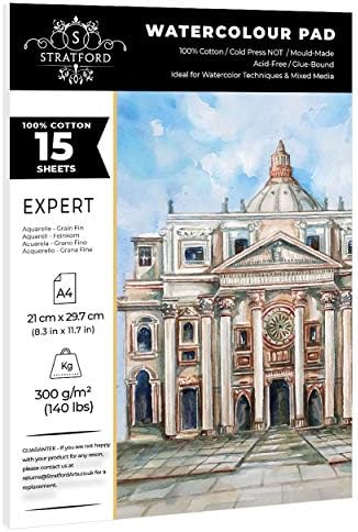 Stratford Expert 100% Cotton Fine Grain Smooth Watercolour Paper Pad A4 15 Sheets 300gsm Cold Pressed Artist Grade for Painting Art and Mixed Media