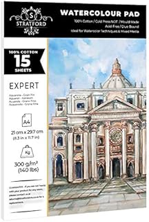 Stratford Expert 100% Cotton Fine Grain Smooth Watercolour Paper Pad A4 15 Sheets 300gsm Cold Pressed Artist Grade for Painting Art and Mixed Media