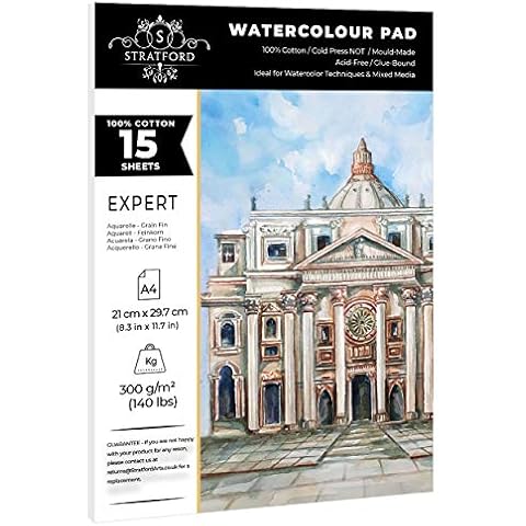 Stratford Expert 100% Cotton Fine Grain Smooth Watercolour Paper Pad A4 15 Sheets 300gsm Cold Pressed Artist Grade for Painting Art and Mixed Media Cover