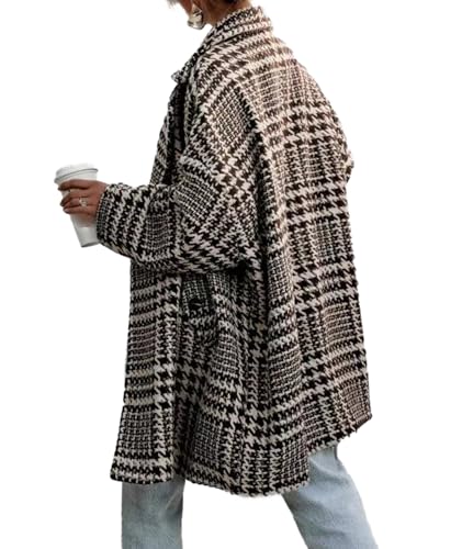 SOMTHRON Women's Houndstooth Trench Coat Double Breasted Notched Lapel Loose Mid Long Winter Pea Coat Overcoat2
