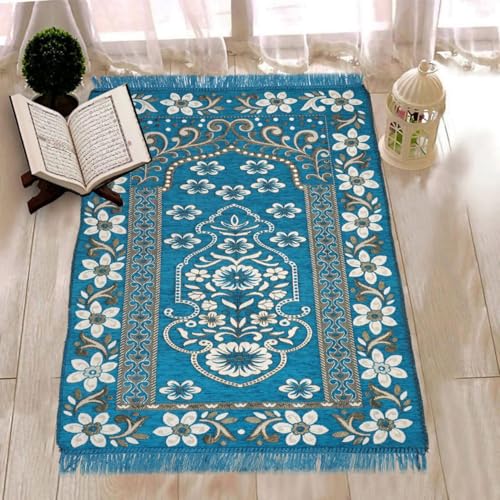 Image of Velvet Floral Janamaz Mat | Prayer Mat /Meditation Janamaz for Namaz /Meditation Mat /Muslim| Size 27x50| Washable Soft Prayer Mat (Aqua)