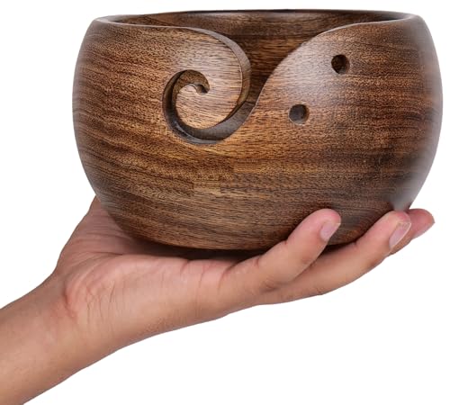 Image of Personalized Rosewood Wooden Storage Yarn Bowl, Bowl Holder & Dispenser for Tangle-Free Yarn Perfect Large Knitting & Crochet Bowl - Antique (Non - Personalized, Large - 7 inch Dia x 4 inch Height)