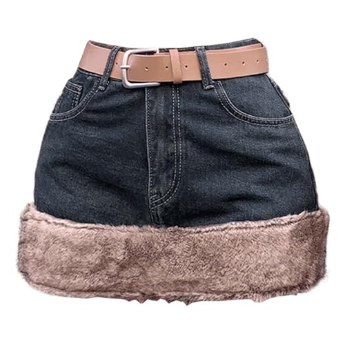 Autumn and Winter Women's Plush Edge Denim Short Skirt, High Waist Tight Denim Belt Skirt