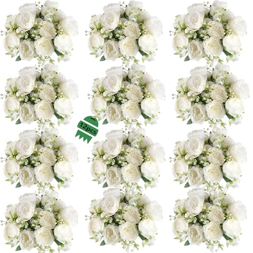 SugarHuLu 12 Bundles Peonies Artificial White...