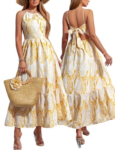 Image of EYWOL Women Plus Size Floral Dress, Summer Beach Yellow Sundress, Embroidered Halter Open Back Bow, Flowy Tiered for Vacation