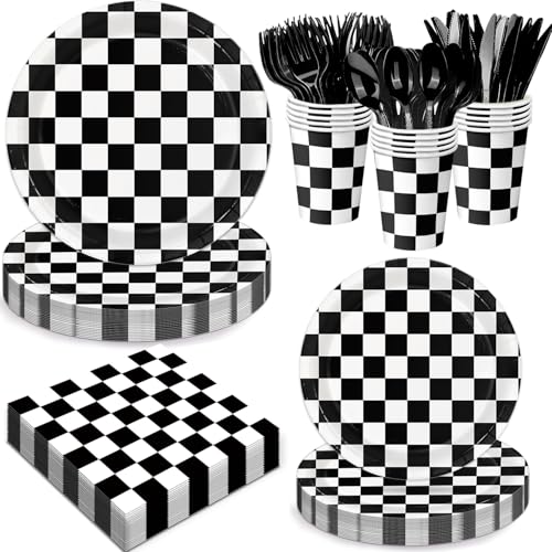 Oigco 168 PCS Race Car Birthday Party Decorations with Checkered Flag Plates, Cups, Napkins, Cutlery for Cars Birthday Decorations, Serves 24