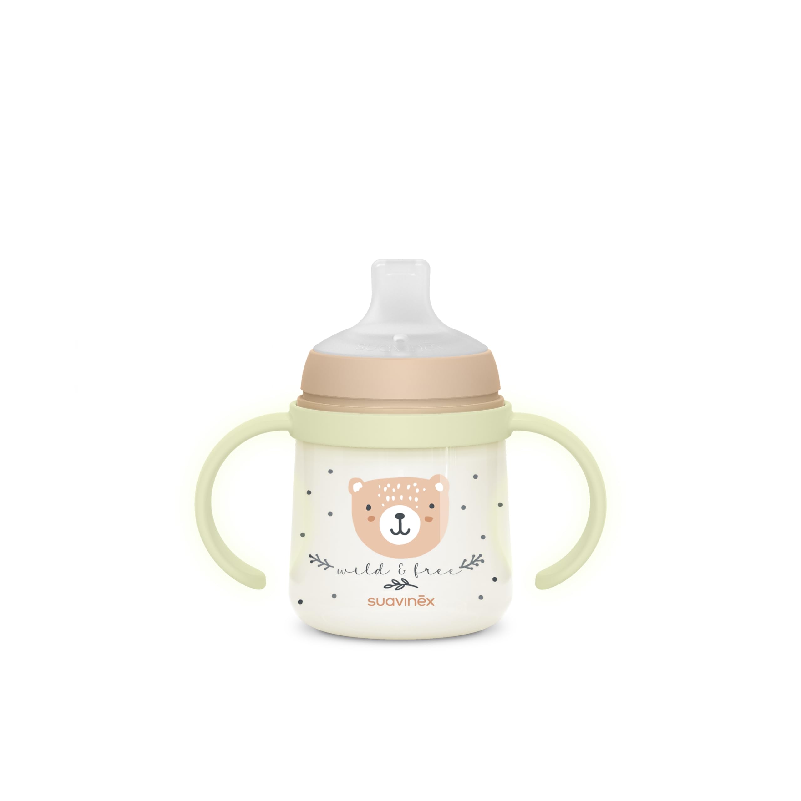 Suavinex, Tasse Apprentissage Bébé, Biberon avec Poignée, Brillent dans le Noir, Gobelet avec Bec Anti-fuites en Silicone, avec Valve Anti-Colique, pour Bébés +6 Mois, Idéal Nuit, 150 ml, Beige
