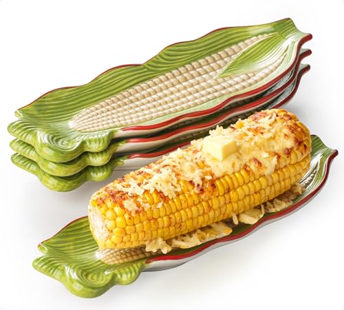 YHOJOY Corn on the Cob Dishes Set of 4 10 Inch Large Ceramic Corn Cob Holders Plates Embossed Corn Trays for Mess-Free BBQ Summer Picnic Oven & Dishwasher Safe Multicolor
