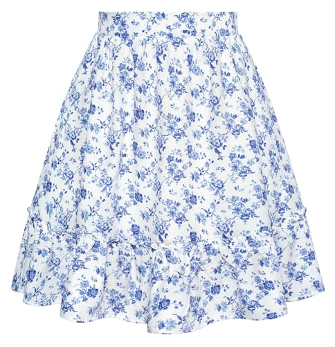 Damen Sommer Minirock Boho Flowy Swing mit Rüschen Plissee Skirt Weiß Blau Blumen S