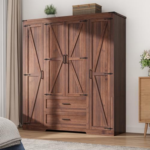 Hlivelood 4 Doors Wardrobe Armoire Closet with Doors and Drawers, Farmhouse Wooden Armoire Storage...