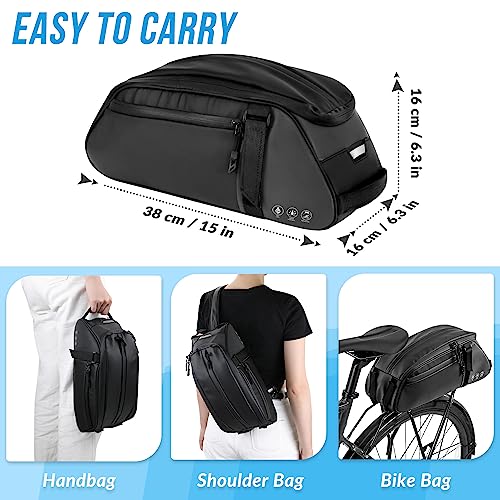 WOTOW Reflective Rear Rack Bag, Water Resistant Bike Saddle Bag Panniers for Bicycles Ebike, 8L Trunk Storage Bag, Cycling Back Seat Cargo Carrier Pouch With Shoulder Strap (With Rain Cover)