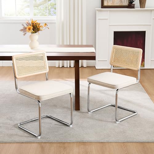 Image of Zesthouse Natural Rattan Dining Chairs Set of 2, Mid Century Modern Dining Chairs with Solid Wood Back & Chrome Base, for Kitchen Living Room, Breuer Design Inspired, Upholstered Linen Fabric, Beige