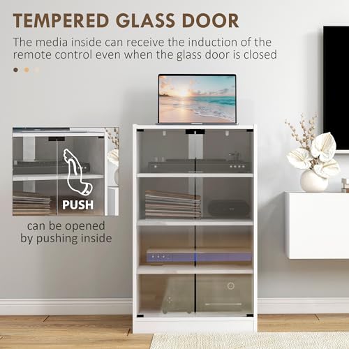 Homcom US838-082V80WT0131 Media Cabinet, 4-Tier Stereo Cabinet, Modern Audio Video Media Stand With Adjustable Shelves, Tempered Glass Doors thumb #7