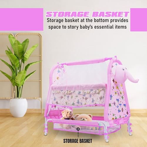 Image of PANDAORIGINALS Jumbo Baby Cradle|Soft Cushion Baby Jhula /Paalna Cute cot with Mosquito Net for 0-9 Months Boys and Girls Super Strong Soft Cushion and Swing Lock Function (Jumbo Pink)
