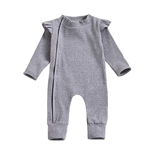 HAPPYMA Newborn Baby Girl Boy Footie Romper Zip Solid Color One Piece Jumpsuit Spring Clothes Gray