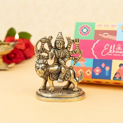 Image of Ekhasa 100% Pure Brass Durga Maa Idol with Gift Box | MATA Rani Murti Sherawali Goddess Statue for Pooja Room Home Decor Office Desk | Religious Housewarming Griha Pravesh Wedding Gift