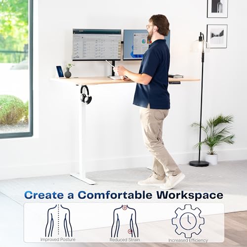 Image of VIVO Electric 63 x 32 in Standing Desk, Memory Height Adjustment, 1B Series, Holds 220 lbs, Light Wood Top White Frame, DESK-KIT-1W1C