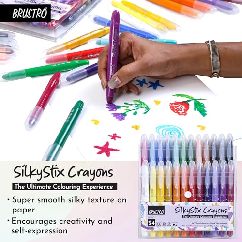 Image of BRUSTRO SilkyStix Smooth Crayons - Set of 24 Crayon Set | Vibrant & Playful Colors, Eco-Friendly,Ideal for Blendable Painting,Graffiti,Coloring, Doodling, Safe for Students, Professional, Kids