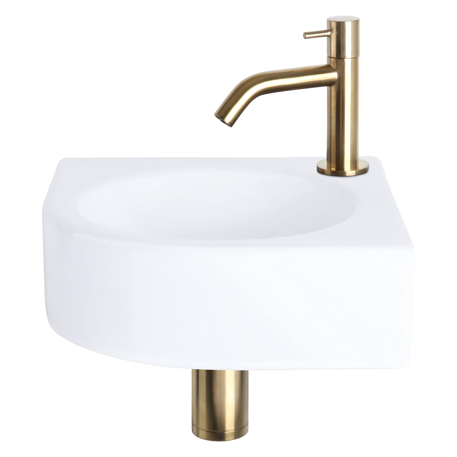 Differnz Cleo Lavabo - Lave main Céramique Blanche Brillante - Robinet Courbé Or Mat - Ensemble Complet - 30 x 30 x 10 cm