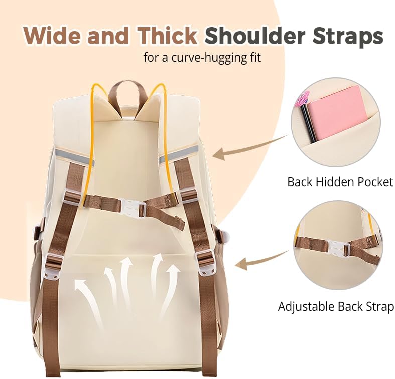 Miniatura 4 de Linda mochila estética para mujer, mochila universitaria para laptop, mochila kawaii preppy con múltiples bolsillos antirrobo, impermeable, mochila