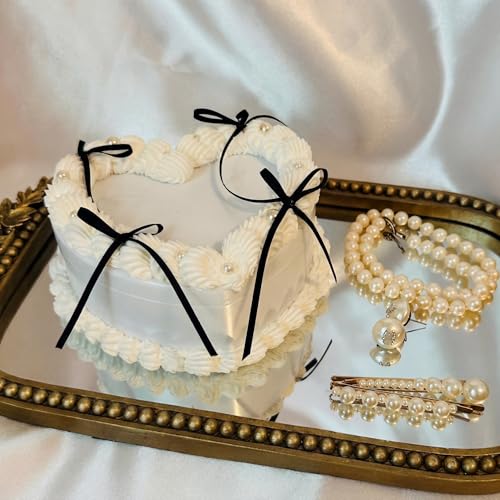 Nosiny 6.1 Inch Black Bow Fake Cake Jewelry Box Heart Shaped Coquettish Wedding Birthday Fake Cake Dessert Box with Black Ribbon Bow Decorative Dessert Prop Jewelry Storage for Women Gift