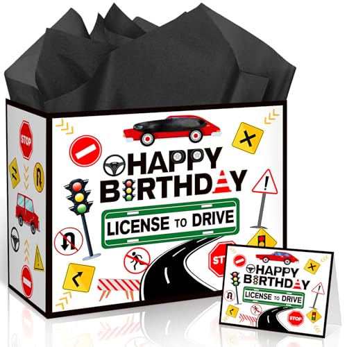 TagreSpike Driver License Birthday Gift Bag License To Drive Gift Bag with Card and Wrapping Paper New Driver Gift Wrapping Bags for Boys 16th Birthday Racing Car Party Learner Driving Party Supplies