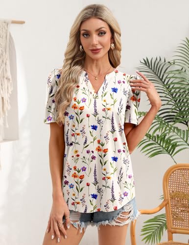 Image of Zeagoo Women Blouses Puff Short Sleeve Tops V Neck Dressy Casual Spring Shirts Boho Floral Cute Clothes 2026