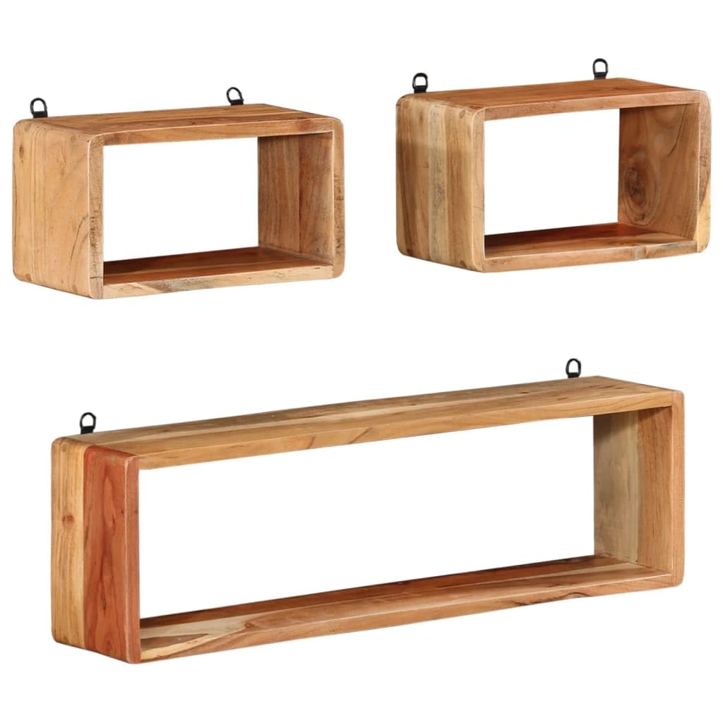Wandregal Set aus massivem Akazienholz 80x15x25 cm und 35x15x20 cm Natürliche Maserung Stabiles Bücherregal für Wohnzimmer Küche und Badezimmer