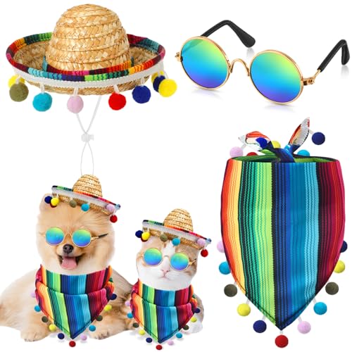 JaGely 3 Pcs Mexican Dog Costume Multicolor Cinco De Mayo Fiesta Cat Bandana with Pom Poms Porch Goose Outfits Mini Sombrero Mexican Hats Retro Pet Sunglasses Costume Accessories for Small Dog and Cat