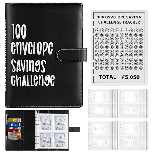 100 sobres para ahorrar dinero, tamaño A5, encuadernación con sobres de dinero, libro de ahorro de dinero, planificador de presupuesto (negro)